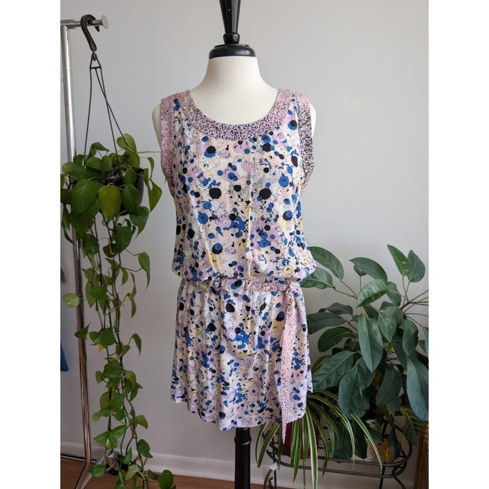 KENZO Paris 100% Silk Slip Dress 6 pastel abstract Graffiti drop waist blouson